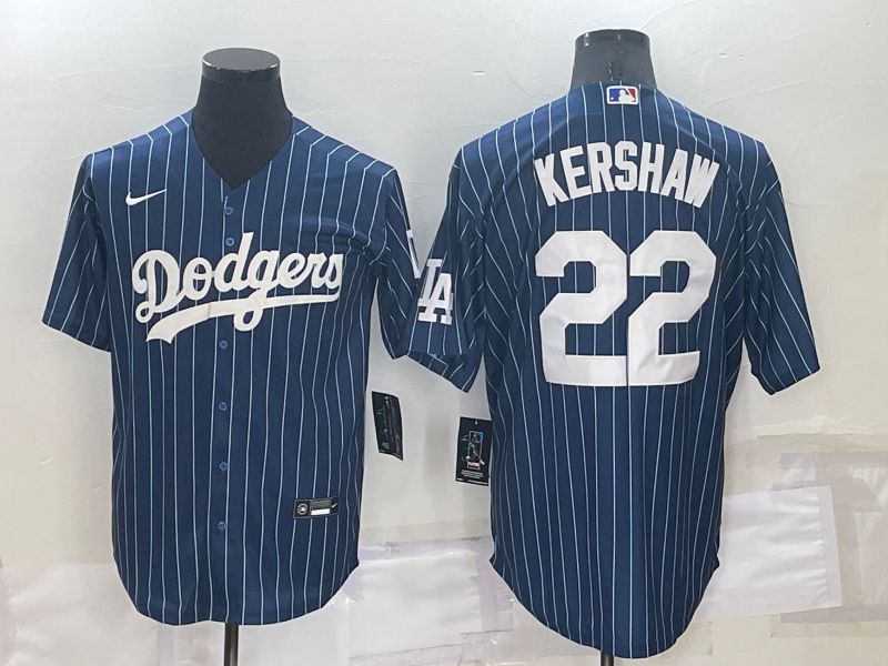 Men Los Angeles Dodgers #22 Kershaw Blue Stripe Throwback Nike 2022 MLB Jersey